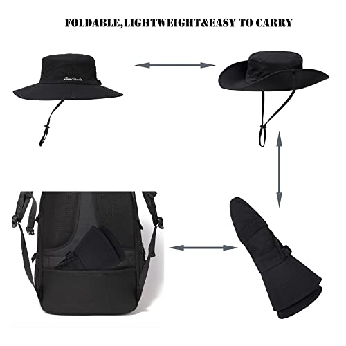 Womens Summer Sun Hat Beach Hat Wide Brim Outdoor UV Protection Hat Foldable Cool Mesh Ponytail Bucket Hat - color: Black