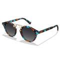 CARFIA Double Bridge Small Acetate Sunglasses for Women Polarized, Retro Metal Brow Ladies Sunnies Fashion Round Eyewears - color: 8. Blue Floral Tortoise Frame Gradient Grey Lens