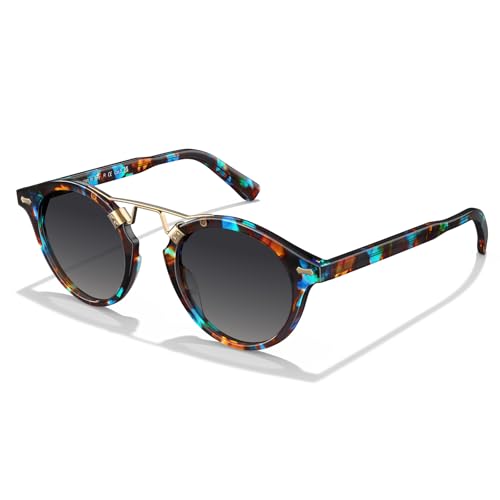 CARFIA Double Bridge Small Acetate Sunglasses for Women Polarized, Retro Metal Brow Ladies Sunnies Fashion Round Eyewears - color: 8. Blue Floral Tortoise Frame Gradient Grey Lens