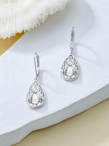 POIUY Gifts for Women Hypoallergenic Teardrop Filigree Birthstone Leverback Dangle Earrings 18K White Gold Fashion Jewelry Anniversary Wedding Birthday Gifts for Women Daughter Sister Girlfriend Wife - style: 4-April Birthstone Earrings