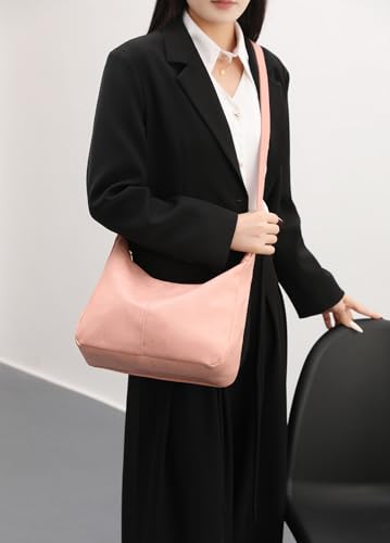 Hobo Bags for Women Foldable Vegan Leather Shoulder Handbag Slouchy Tote Crossbody Purses - color: Pink