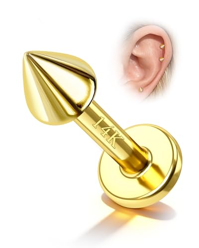 COCHARM 14k Solid Gold 16g Labret Studs Real Yellow Gold Medusa Monroe Madonna Stud Lip Piercing Helix Cartilage Conch Earring Stud - color: Yellow Point-6mm