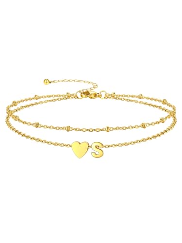 Silvora Ankle Bracelets for Women Waterproof 14K Gold/Silver/Black Initial Anklet for Women Dainty Layered Heart Ankle Bracelets Stainless Steel Adjustable Foot Chain Anklet Summer Beach Jewelry - color: Gold-14K Gold Plated, size: 19.S