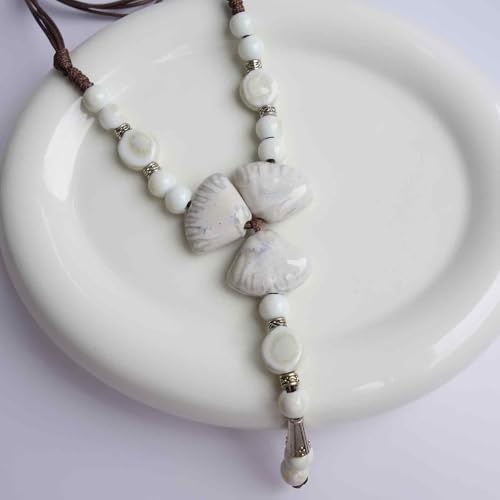 Boho Style Colorful Ceramic Bead Strand Necklace Adjustable Bohemian Jewelry Gift for Women, Fashion Clothing Matching Necklace - color: Beige White