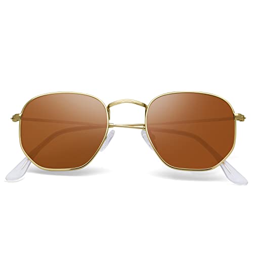 Polarized Sunglasses for Womens Men Trendy Square Hexagonal Flat Mirrored Sun Glasses UV Protection - color: A11-gold/Brown/Clear