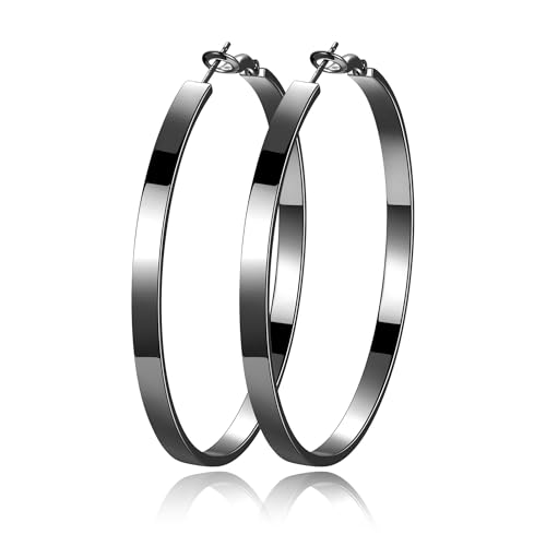 EXGOX Silver Hoop Earrings for Women - Sterling Silver & 14K Gold Plated - Hypoallergenic 925 Silver - Big Hoop Earrings (30/40/50/60/70mm) - color: 4MM Wide-Black 70mm