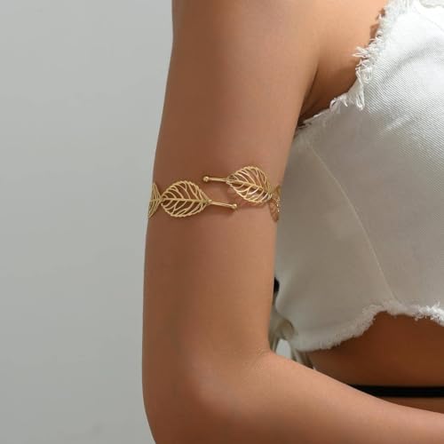 Gold Hollow Leaves Upper Arm Bracelet Punk Adjustable Upper Arm Cuff Tree Leaf Armlet Bangle Bracelet Armband Jewelry for Women
