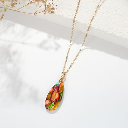 Joya Love 14K Gold Plated Healing Stone Teardrop Pendant Necklace for Women, Waterproof Stainless Steel Chain, Colorful Natural Stone Look, Boho Spiritual Jewelry Gift - color: Colorful -Gold