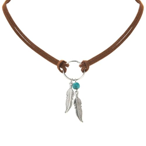 ONLYJUMP Boho Turquoise Leather Choker Necklace for Women Bohemian Handmade Leaf Layered Black Brown Suede Western Cowlady Necklace Western Country Party Jewelry Gifts - style: Blue