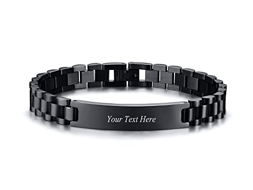 Custom Mens Bracelet Personalized Watch Band Engraved Name Bracelets for Men Customized ID Cuff Wristband Gift for Dad Husband - style: Black0 - 1.0cm