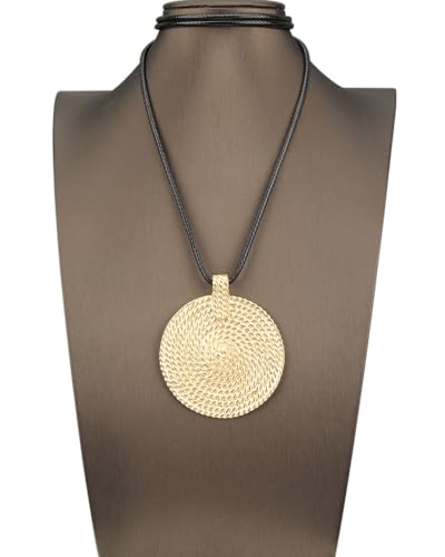 PU Leather Necklace Vintage Boho Style Multilayer Pendant Long Sweater Necklace Jewelry for Women Men with Adjustable Leather Cord - color: Gold Unique Round Pendant Necklace