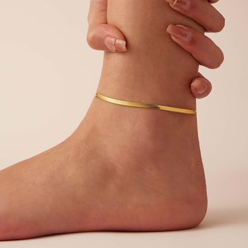 Dainty Ankle Bracelets for Women 18K Gold Plated Satellite Beaded Herringbone Lip Chain Anklets Simple Minimalist Summer Beach Foot Jewelry Christmas Gifts - color: 3mm Snake-Gold
