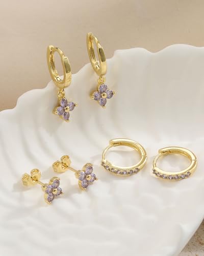 3 Pairs Gold Hoop Earrings Set for Women, Hypoallergenic 14K Gold Plated Huggie Earrings Stacks for Multiple Piercing Dainty Stud Earring Cartilage Birthstone Earring Women Jewelry Gift - color: 06. June(Alexandrite)
