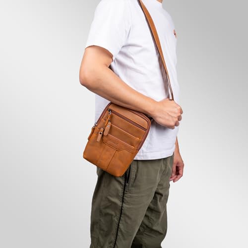Leather Messenger Bag for Men, Small Leather Sling Shoulder Bag Messenger Pack for Men, Man Purse - color: Medium Yellowish Brown