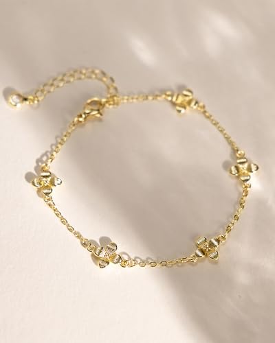 Gold Bracelets for Women 14K Gold Plated Flower/Clover/Butterfly/Heart Bracelet Adjustable Dainty Hypoallergenic Jewelry Gift - color: clover gold