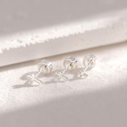 3 Pair Tiny Flat Back Earrings for Women - 14K Gold/White Gold Plated Dainty Cute Small Screw Flatback Stud Earring, Everyday Wear Gift - color: Cross-Flat 4/5/6mm Silver