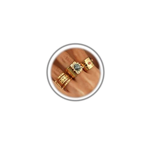 3Pcs Chunky Statement Ring Set for Women,Stackable Wide Band Rings Vintage Shiny Crystal Adjustable Finger Rings Statement Aesthetic Ring Pack - color: Gold