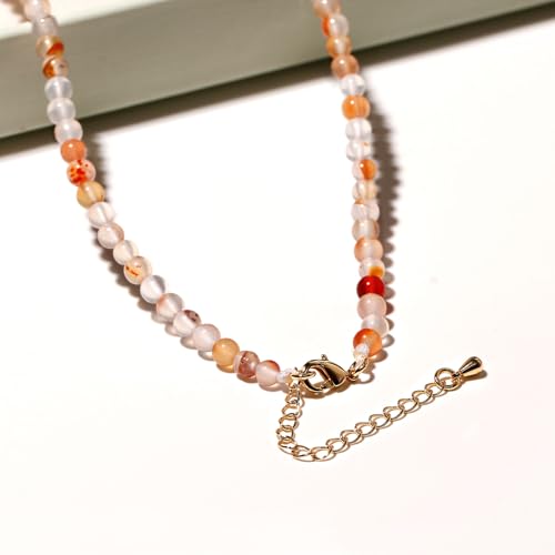 Simple Choker Necklace for Women Real Stone and Crystals Necklaces 4mm Beaded Choker Jewelry Meditation Gift for Women (16"+2") - style: Red Flower Agate