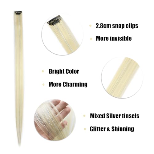 12pcs Clip in Blonde Hair Extensions, 22 Inch Colored Hair Extensions with Rainbow Tinsels, Holiday Party Highlights - color: Blonde