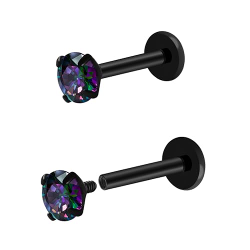 16G 18G Titanium Internal Thread CZ Stud Earrings Flat Back, Silver Black Tragus Helix Conch Cartilage Piercing Jewelry for Women Men 6mm 8mm 10mm Labret Studs 2PCS - color: Black, 16g, 7mm bar, 4mm RQ CZ
