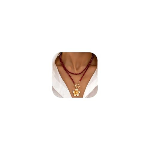 Red Beaded Necklace for Women Choker Gold Toggle Clasp Layered Stack Dainty Statement Western Boho Trendy Summer Vacation Necklaces Birthday Jewelry Gifts - color: B1:Red Beaded Necklace