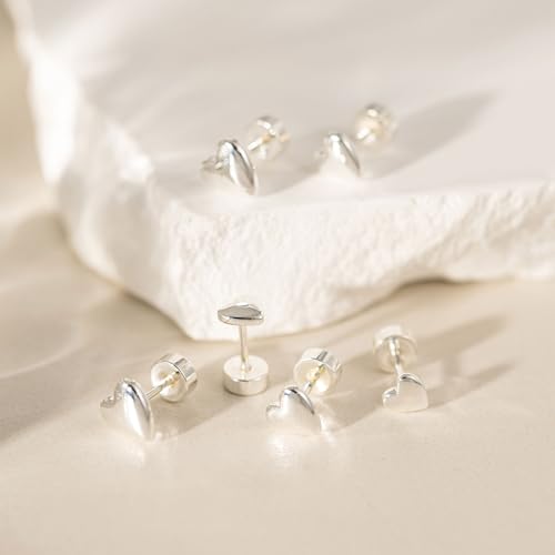 VRIUA 20G Tiny Flat Back Earrings for Women - 14K Gold/Silver Plated Small Flat Back Stud Earrings Hypoallergenic Cartilage Helix Piercing Jewelry - color: 5/6/7mm-Heart Flat Silver