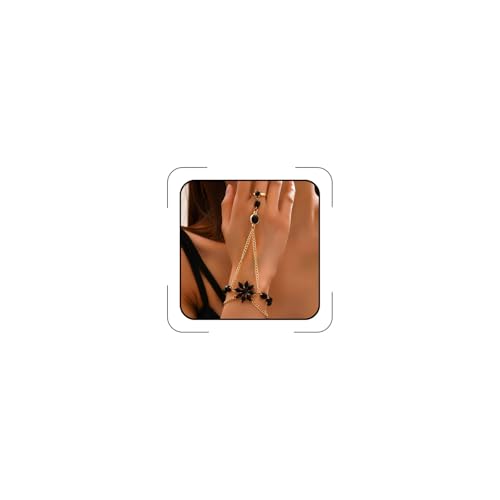 Hand Chain Bracelets for Women Elegant Gemstone Flower Hands Harness Bracelet Adjustable Finger Ring Bracelet Hand Chain Wrist to Finger Hand Jewelry Gift for Women - color: Black