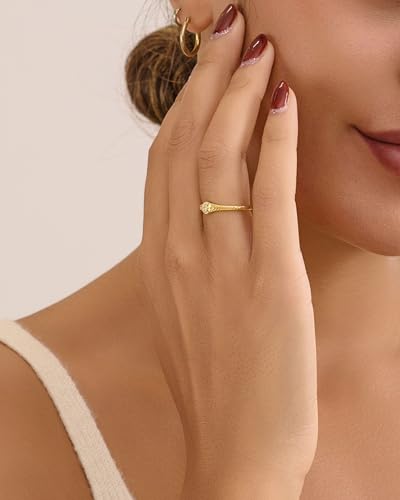 YeGieonr 14K Gold Plated Signet Rings for Women Non Tarnish 925 Sterling Silver Dainty Stackable Gold Ring, Waterproof Engraved Flower Thin Band Unique Everyday Jewelry Gift - color: Gold-Star