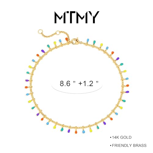 MTMY Gold Anklets for Women 14K Gold Plated Tiny Bead Anklet Colorful Tassel Foot Chain Dainty Adjustable Cute Summer Beach Boho Anklets Jewelry Gift - style: colorful tassel