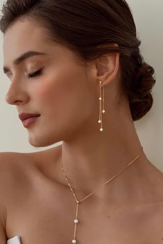 NECOCY Gold Dangle Earrings for Women Non Tarnish 14K Gold Plated Drop Wedding Hypallergenic Earring Dainty Long Hanging Chain CZ Pearl Threader Earrings Trendy Silver Plated Jewelry for Women - style: Gold&Style19
