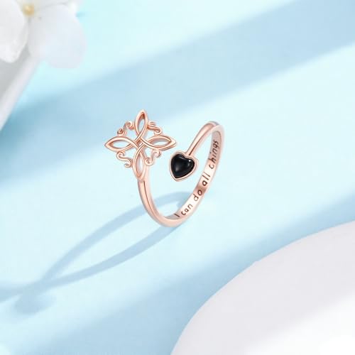 Witches Knot Ring 925 Sterling Silver Adjustable Black Onyx/Turquoise Gravel/Moss Agate/Turquoise/Moonstone Witch Ring Celtic Knot Amulet Wiccan Pagan Protection Jewelry Gifts for Women - style: Black Onyx Rose Gold