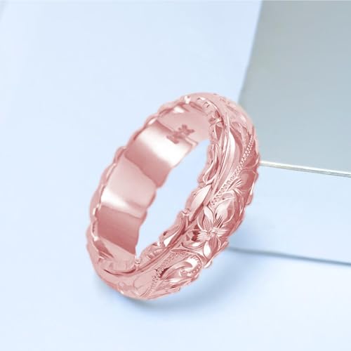Dainty Engraved Plumeria Flower Ring, 14K Gold Plated Hawaiian Princess Plumeria Flower Scroll Promise Ring Stackable Wedding Engagement Band Jewelry for Women or Men - color: Rose Gold