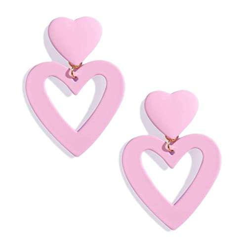 Double Heart Earrings Dangling Heart Drop Earrings For Women Love Heart Dangle Earrings Birthday Gift - color: Light Pink
