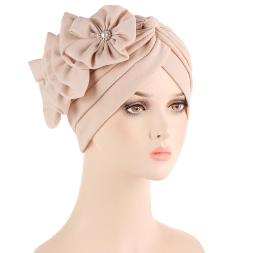 Flower Turban Hats for Women - Ruffle Bead Stretch Solid Caps Chemo Cancer Pre Tied Headscarf Headwear - color: Beige