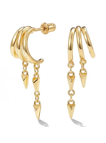 MUMREUES Gold Earrings for Women Trendy 14K Gold Plated Dangle Earrings Small Hoop Huggie Drop Stud Earrings Cubic Zirconia Simple Minimalist Dainty Chain Tassel Hypoallergenic Earrings - color: Simple & Gold