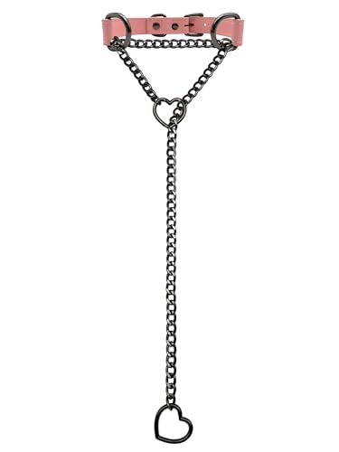 Black Leather Choker Collar For Women, Handmade Heart Slip Chain Choker Long Necklace with Adjustable Buckle - color: B-Pink-Black-Black, size: 24''chain