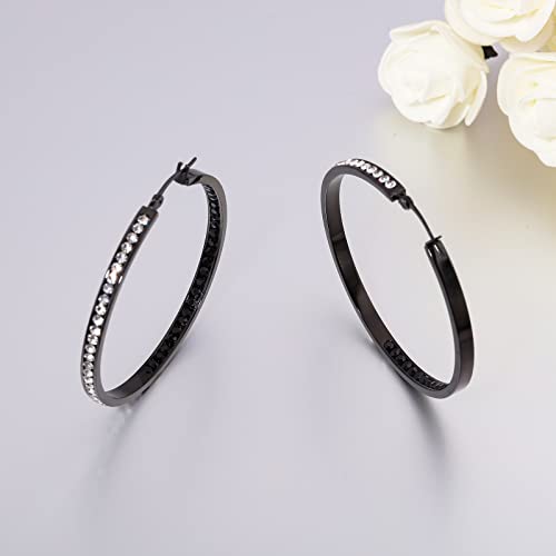 CiNily Mult-colors Crystal Stainless Steel Hoop Earring for Women Hypoallergenic Jewelry for Sensitive Ears Large Big Hoop Earrings 2" - color: Black-a