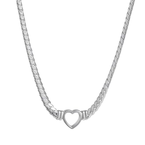 Heart Choker,Stainless Steel Necklace for Women,Chunky Heart Pendant, 40cm Length, 21.5g Weight - color: silvery