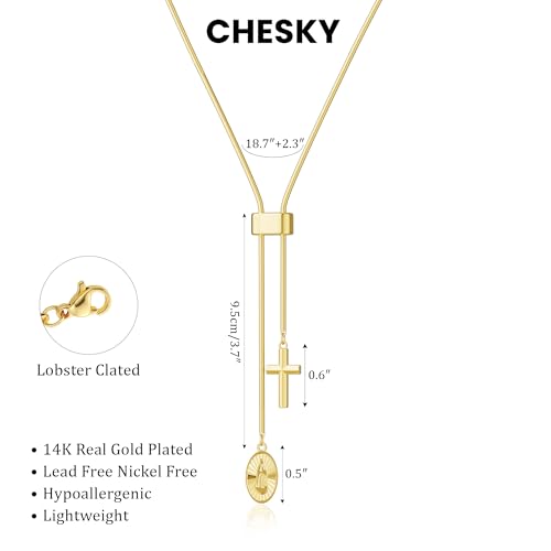 CHESKY Long Necklaces for Women, 14k Gold Plated/Streling Silver Lariat Necklace Dainty Statement Prom Necklace Rosary Cross Sun Drop Pendant Dangle Necklace Gold Prom Jewelry for Women Gifts - style: y necklace 03