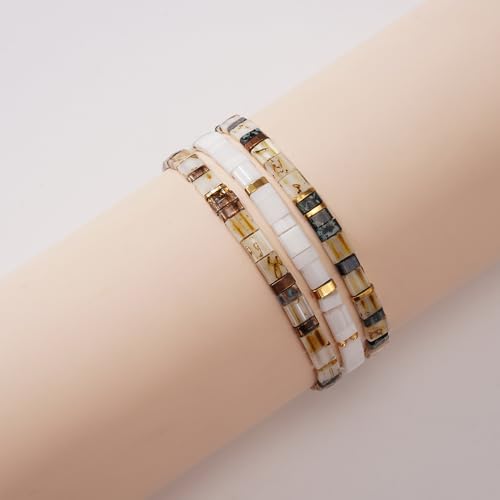 Tila Flat Square Stack Beaded Bracelets Set for Women Men, Boho 3Pcs Romantic Handmade Healing Gold Colorful Stretch Accessories Jewelry, Daily Vacation Party Holiday Friendship Gift - color: Brown White Brown