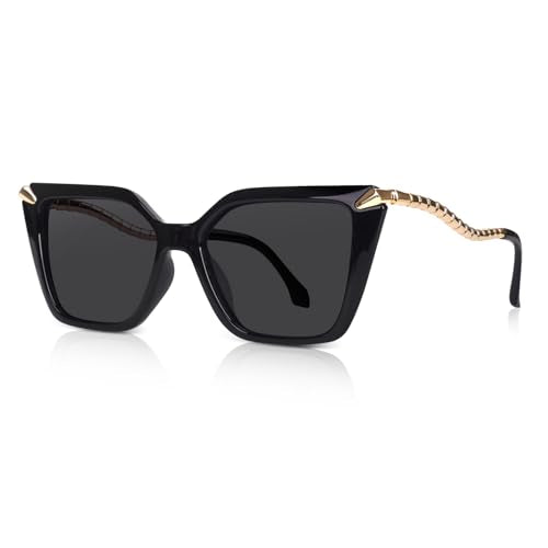 DrRelax Big Square Sunglasses Womens Retro Polarized Sun Glasses with Metal UV 400 Protection - color: Black/ Grey