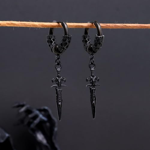 Sonateomber Gothic Silver Black Small Hoop Earrings for Women Men, Punk Hip Hop Engrave Beaded Goth Dangle Drop Earings Halloween Costumes Accessories Prom Fashion Jewelry Gift - color: Black Sword