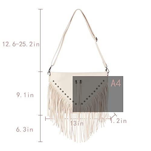 Hoce Women’s Leather Fringe Messenger Bag Large Hobo Crossbody Tassel Shoulder Bags, Gift for Mom Wife Girlfriend - color: Beige