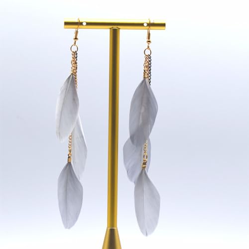 coadipress Boho Piercing Tassel Feather Long Chain Earrings Retro Lightweight Native Feather Dangle Drop Earrings for Women Bohemian Handmade Natural Feathers Earring Jewelry - color: Gray