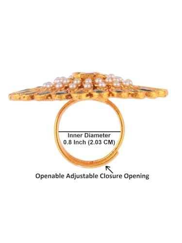 Efulgenz Indian Jewelry Rings for Women Antique Round Faux Pearl Crystal Bollywood Adjustable Big Finger Ring Fashion Party Statement Jewelry for Women - color: Green