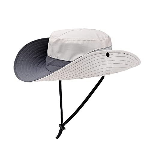 Womens Summer Sun Hat Beach Hat Wide Brim Outdoor UV Protection Hat Foldable Cool Mesh Ponytail Bucket Hat - color: Grey+beige