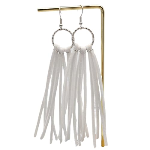 Bohemian Statement Light Weight Fringe Leather Earrrings Triangle Deerskin Leather Boho Western Statement Dangel Earrings for Women - color: White