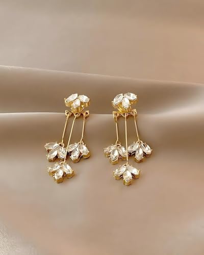 Prom Earrings for Women Gold Chandelier Earrings Dangle Dainty Flower CZ Long Tassel