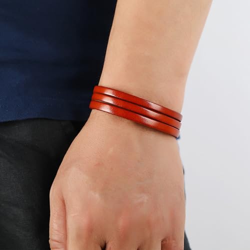 Long tiantian Leather Wrap Bracelet for Men Vintage Brown Leather Cuff Bracelet Adjustable Minimalist Western Style Wristband Casual Fashion Jewelry Gift for Him - color: red