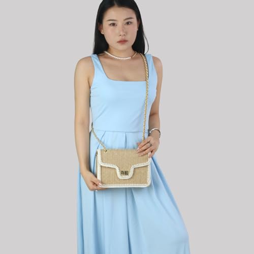 Straw Crossbody Bags for Women,Summer Beach Purse Vacation Shoulder Handbags with Pearl Trim - color: Khaki